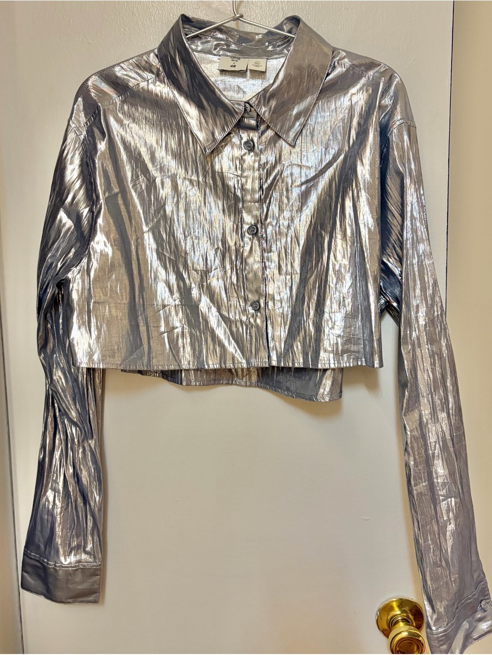 H&M x Justine Skye Silver/Light Blue Metallic Cropped Shirt Women's Size M